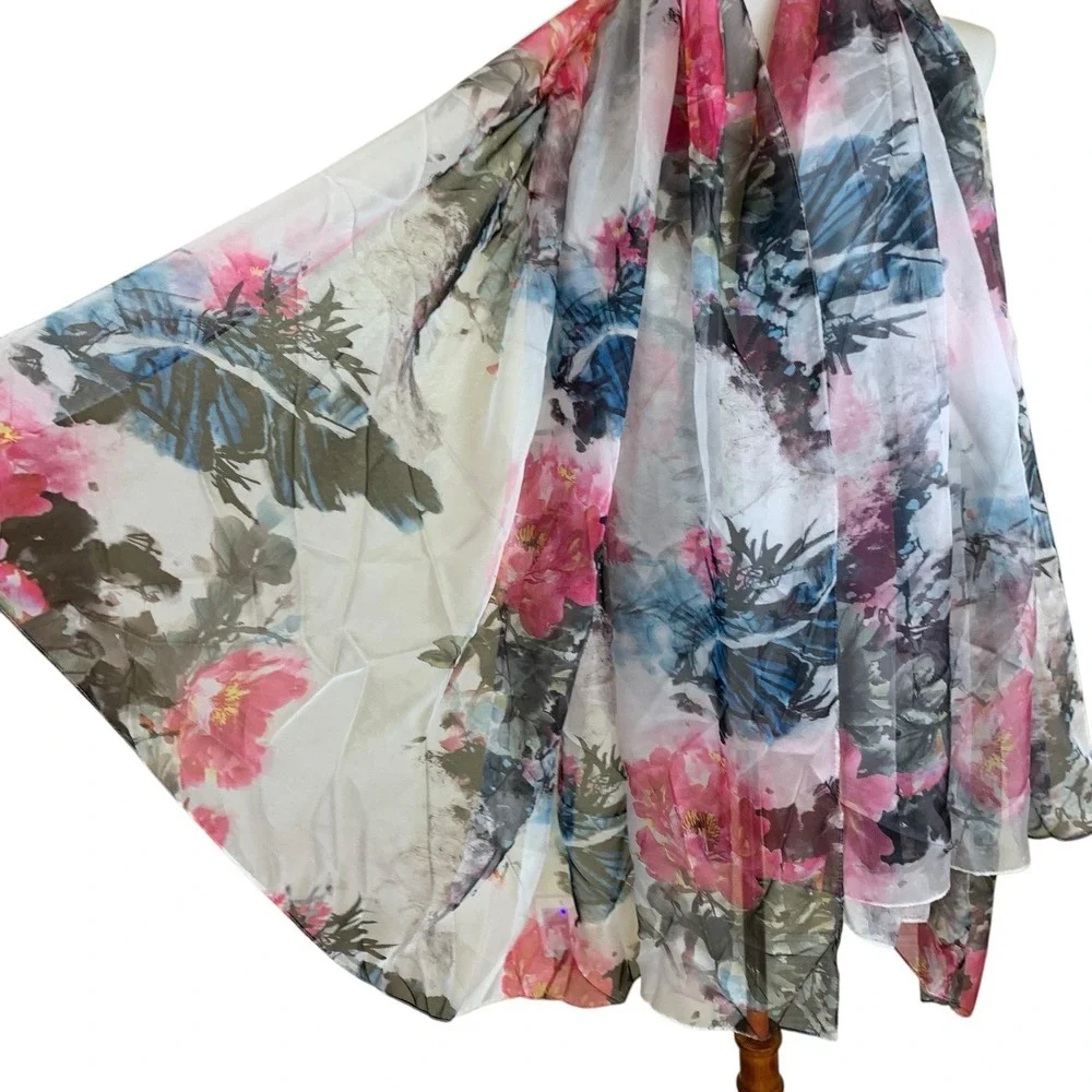 FLAW Peisi Floral Silk Scarf One Size Sheer‎ Lightweight Boho Wrap